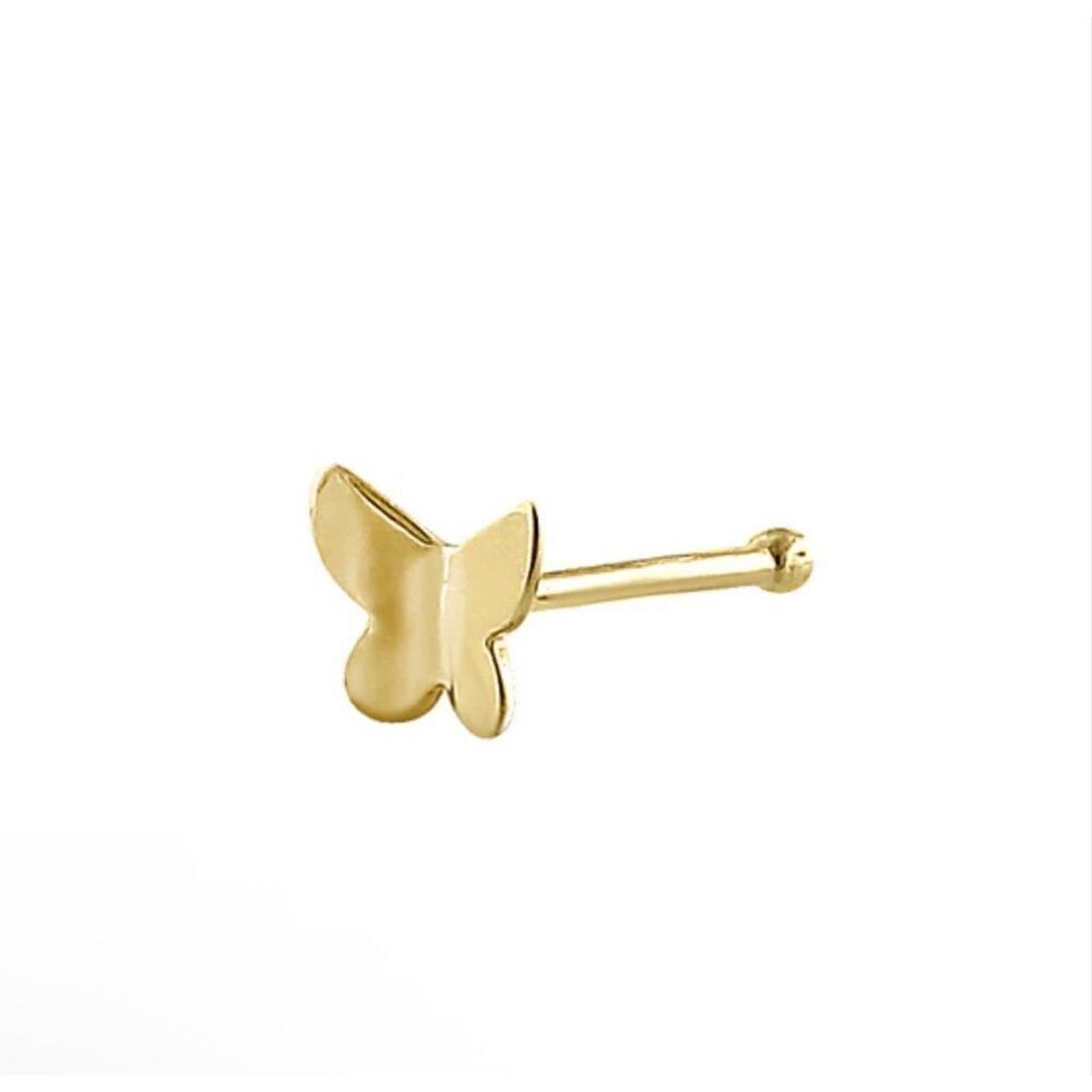 Solid 14K Yellow Gold Tiny Butterfly Straight Nose Stud Boho New - Picture 1 of 3